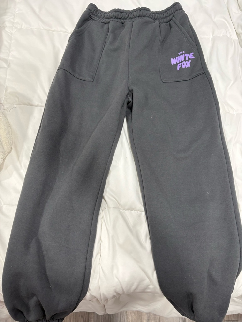 White Fox Boutique Black Sweatpants with Purple Logo